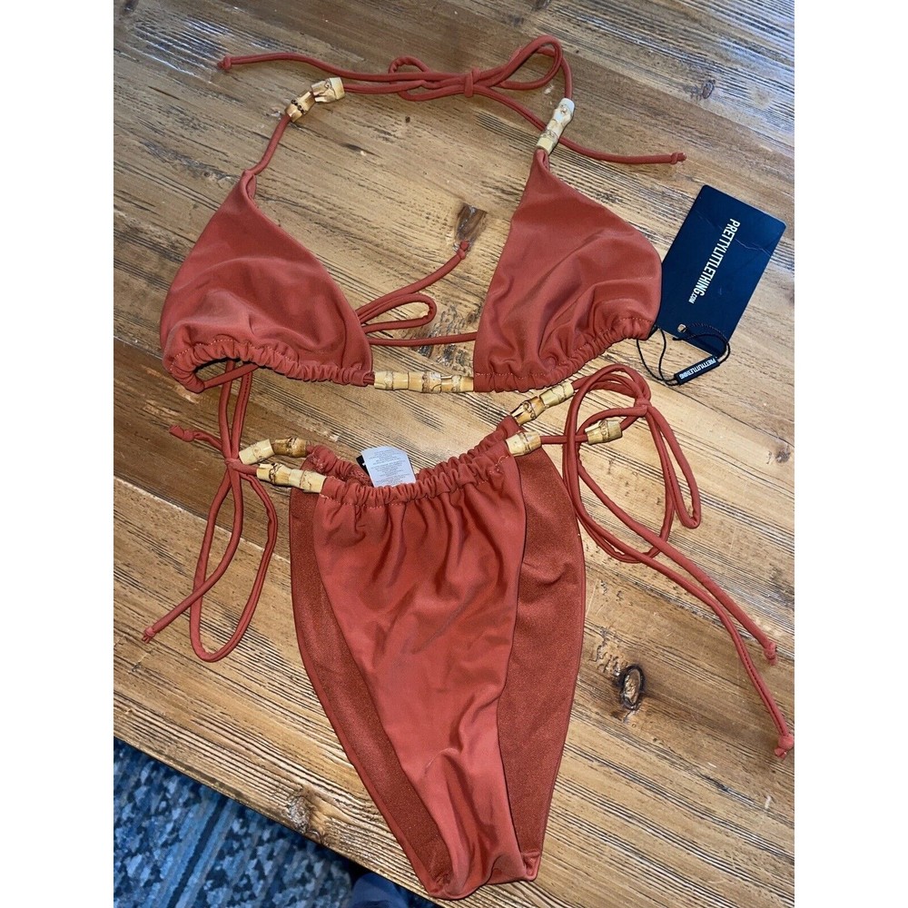 NEW Pretty Little Thing Bikini Wooden Bead Rust Brown Size 4 Women’s Sexy